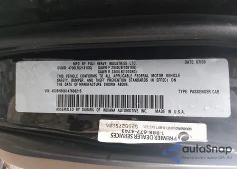 2004 Subaru Outback H6-3.0 L.l. Bean Edition z USA, uszkodzony, nr VIN 4S3BH806147606215